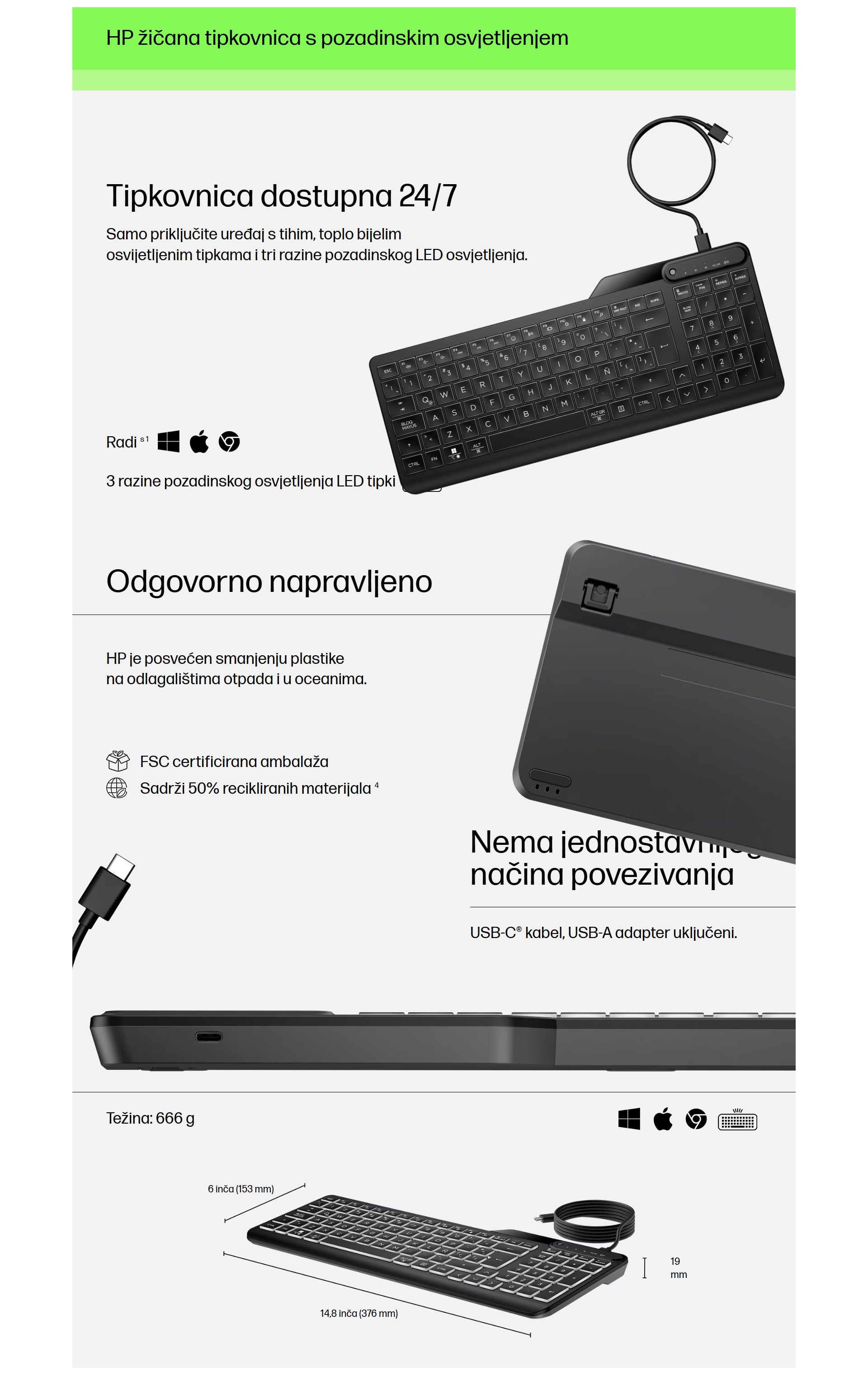 Detalj LED pozadinskog osvjetljenja na HP 400 Backlit Wired Keyboard